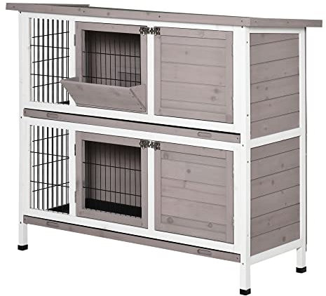 PawHut Cage pour Lapin Clapier en Bois Massif 2 Niveaux Toit Ouvert avec bacs coulissants 4 Portes dim. 122 x 50 x 101cm Gris Blanc