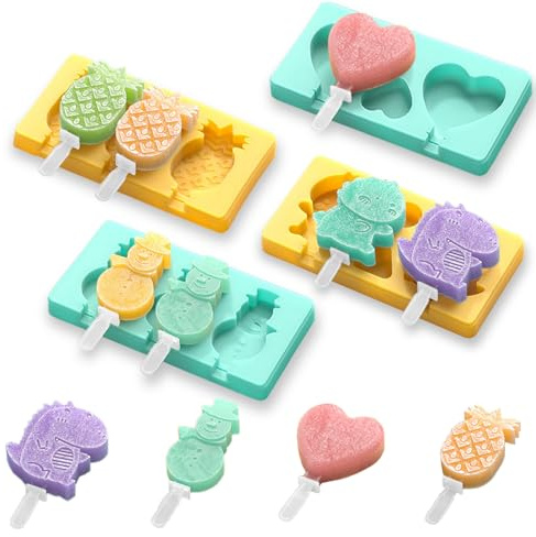 Kids Cartoon Popsicle Molds - 4 Pack, 10-Cavity Food-Grade Silicone Ice Pop Cream Molds, with Reusable Sticks, Non-Stick Flat Design, Easy Release, Stackable for Space Saving
