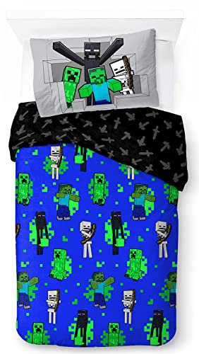 Jay Franco Minecraft Fight Back 100% Baumwolle Kinderbettwäsche-Set 135x200 cm Einzelbettgröße - Bettbezug + Kissenbezug 50x70 cm