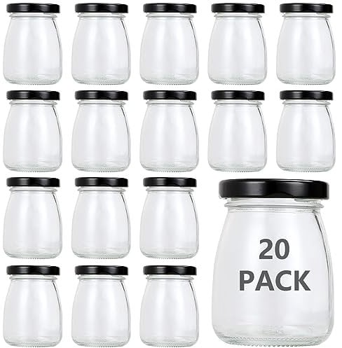 SENENQU 20 Pack 100ml / 3.5oz Clear Glass Jars, Small Yogurt Pudding Glass Bottles with Black Lids, Mini Glass Milk Bottles Cups for Pudding Yogurt Jam Honey Jelly Mousse Spice