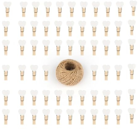 100 Pezzi Mini Mollette di Legno Mollettine Decorative per Foto Matrimonio Artigianato con 30M Spago di Iuta (bianco)
