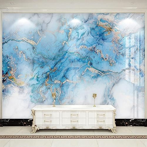 GIVLWF Papier Peint Panoramique de Texture De Marbre Bleu Abstrait, Bleu Motif Artistique Poster Murale Intissé - pour Chambre Salon Décoration Murale - 300 x 210 cm