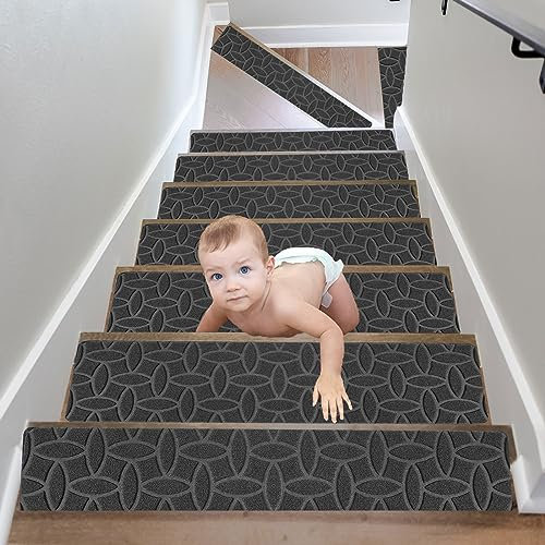 15Pcs Tappeti per Scale,Tappetini Antiscivolo Sicurezza Runner Interno Riutilizzabile, Tappeti in Gomma per gradini, Tappetino Protezione per Interni per Bambini, Anziani e Animali Domestici 76x20cm
