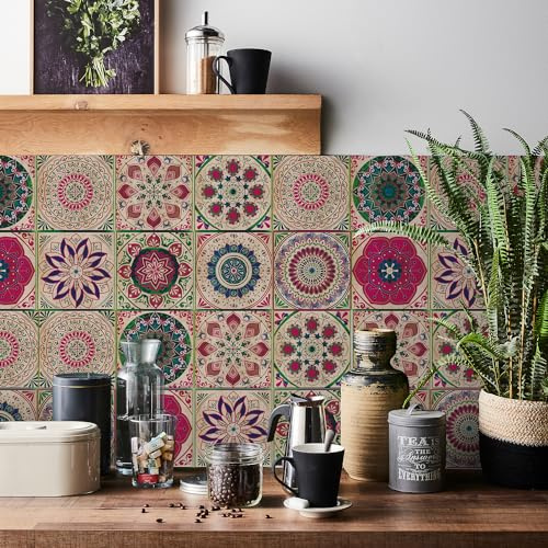 HORIWE Tile Stickers Vintage Moroccan Adhesive Tile Art Home Decor 24pcs | PVC Waterproof Oil Proof DIY Convenient Wall Sticker Variety of Designs Suitable for Bathroom Kitchen Backsplash Stairs