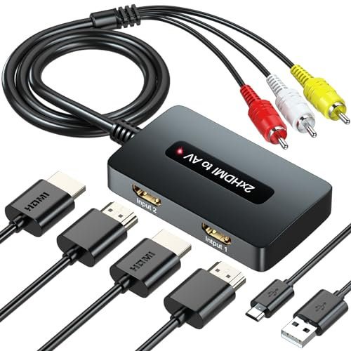 SHUITING Convertidor HDMI a RCA de doble puerto, adaptador CVBS de 2 HDMI a AV compuesto para televisores más antiguos, entrada HDMI de 2 puertos. Selecciona uno para convertir a salida AV