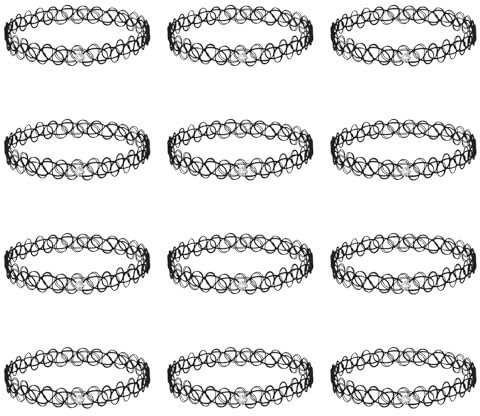 Mikovivi 12pcs Collier Ras de Cou Tatouage, Plastique Collier Tatouage Strass Collier Ras du cou Élastique Collier de Clavicule Accessoires de Bijoux des Années 90 et 95 pour Filles et Femmes (Noir)