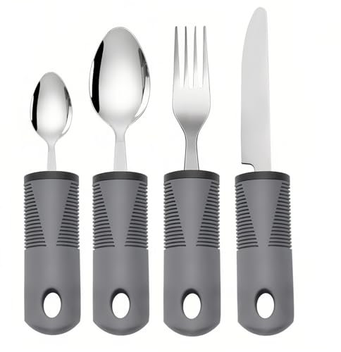 Easy Grip Cutlery Extra Wide Chunky Handles Disability Aids for Disabled Hands with Knife Fork Spoon Ideal Dining aid for Elderly Arthritis Parkinson'Disease Tremors Sufferers Black (4 Sets Grey)