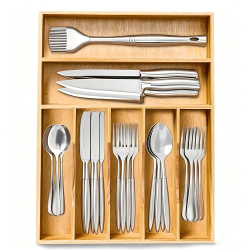 bryantye Cutlery Drawer Organiser, Wood, 12.2''x16.14'', 7 Slots | Silverware Drawer Organizer, Kitchen Utensil Holder with Dividers, Multi-Function Storage for Flatware Forks Spoon Knives