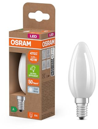 Osram Energy Class LED-Lampe in klassischer Minikerzenform, 2.2 W / 470 lm, EEK A, kaltweißes Licht (4000 K), CRI 80, aus gefrostetem bleifreiem Glas, E14 Sockel, IP20, 35 mm Durchmesser.