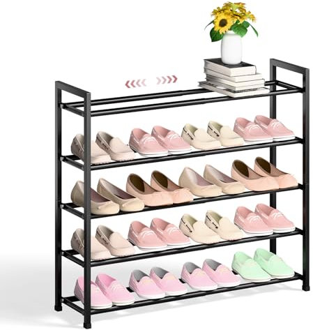 Bumusty Zapatero expandible de 5 niveles para armario, zapatero ajustable de 18 a 33 pulgadas para espacios pequeños, organizador de zapatos pequeño para puerta delantera, metal resistente (negro)