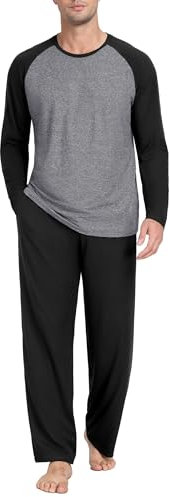 PrinStory Mens Pyjamas Set Long Sleeve T Shirt And Longue Pants With Pockets Soft Men's Nightwear Crew Neck Sleepwear Pjs Sets (Black Gray, L)