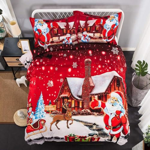 Tabeskly Weihnachtsbettwäsche Bettbezug Set für Einzelbett Kinder Jungen Mädchen Weihnachten festlich Weihnachtsmann Baum Schneemann Hirsch Geschenke weicher Reißverschluss 3 teilig Rot 135 × 200 cm