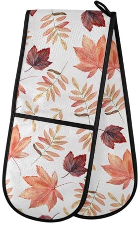 Double Oven Gloves Autumn Red Maple Leaves Heat Resistant Pot Holder Oven Mitt Gloves for BBQ Cooking Baking Grilling Microwave