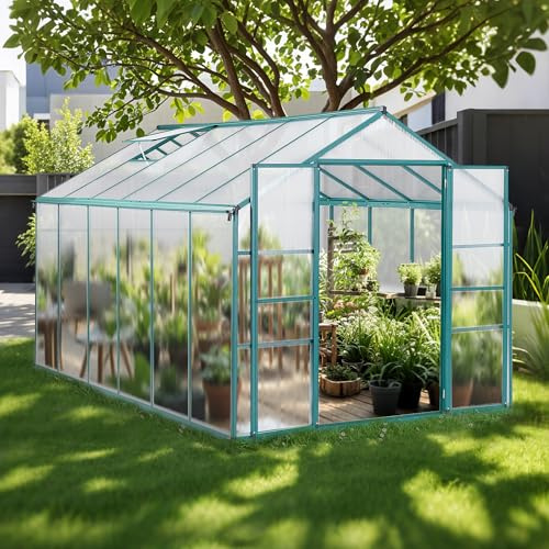 Gegaden Gewächshaus Aluminium für den Garten,361*238*225cm,8.6m²,8 cm dickeres Fundament,Vielseitig nutzbar als Treibhaus Gartenhaus Winterfest Aufzucht Tomatenhaus Frühbeet und Pflanzenhaus,Grün