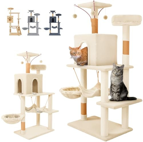 JUPPLIES Rascador para Gatos 143cm - Arbol Rascador para Gatos Estable de Varios Niveles - Arbol para Gatos de Actividades con 5 Plataformas, 3 nidos y 1 Casa para Gatos - Torre Gatos (Beige)