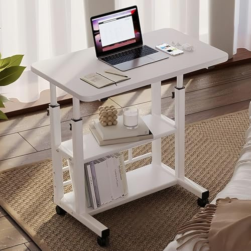 3 Tier Computer Desk, Height Adjustable, Portable Mobile Office Desk with Wheels, Laptop Table Study Desk, Desktop Workstation, Work Table, Home Office Furniture, 60 x 37 x 60-90cm, White