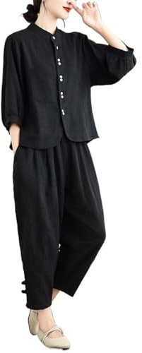 2025 Tenue D'été 2 Pièces De Style Chinois Pour Femmes, Ensemble Décontracté En Coton Et Lin Avec Haut À Manches Longues Et Pantalon Sarouel À Jambe Large