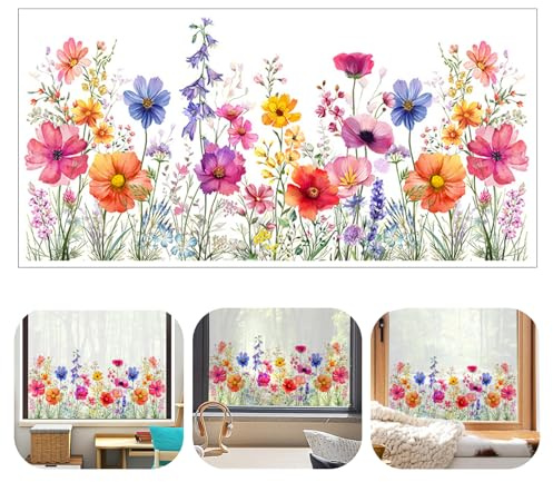 Fenstersticker,Frühlingsdeko Wildblumen Fenster Aufkleber,Vintage Fensterfolie Blumen, Blumen Gras Schmetterling Fensterbilder Frühling Doppelseitig Glasaufkleber Glas Deko