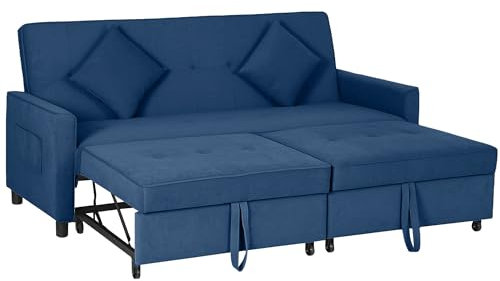 HOMCOM Sectional Sofa Bed, L-Shaped 3 Seater Sofa Bed, Reversible Sleeper Sofa with Pull Out Couch Bed, Cushions, Fabric Futon Sofa Bed for Living Room, Blue
