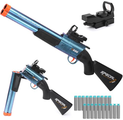 Kufanda Pistolet Jouet, Fusil Blaster Double Canon, Pistolet de Tir Longue Portée (13m) avec 20 Balles Souples EVA, Blaster en Mousse Cadeau Garçon 8-12 Ans pour Anniversaire (Bleu électroplaqué)
