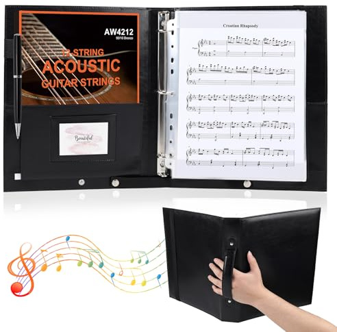 Sheet Music Folders Choir Binder: Piano Music Sheet Holder Storage Fits Letter Size 8.5 x 11 Inch - 3 Ring PU Leather Choral Music Folder with Hand Strap for Guitar, Orchestra, Band (PU Leather)