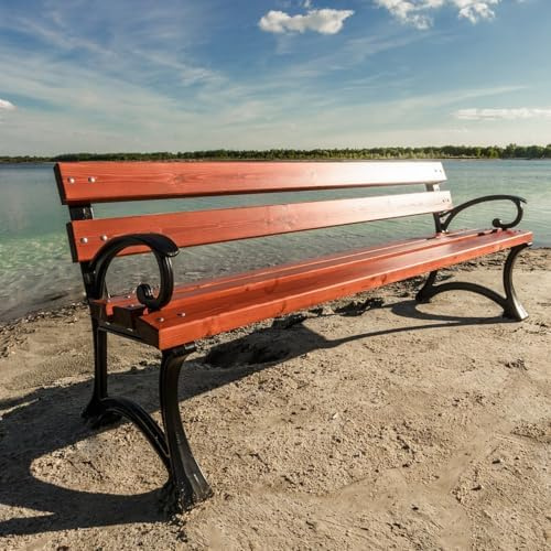 REKORD Gartenbank 170 x 59 x 73 cm Robuste Parkbank aus Metall und Holz mit Rückenlehne wetterfeste Outdoor Sitzbank Bank für Garten Terrasse Balkon Vorgarten - Gdansk BIS - Mahagoni