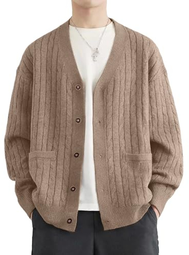 MLANM Men's Cable V-Neck Knit Cardigan Casual Relaxed Fit | Lightweight, Soft, Long Sleeve, Button Front, No Pocket,Winter Outerwear, Ideal for Daily Wear, Office, Travel, Mens Gift