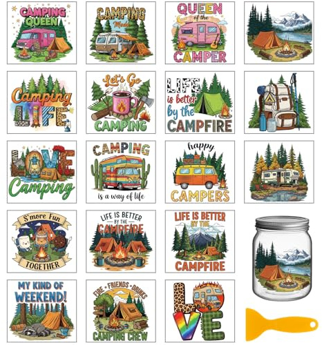 GLOBLELAND 18 Blatt Camping Auto Transferaufkleber 3.9x3.6 Zoll Bunt Für Den Außenbereich Wälder Zum Aufreiben Für Tassenaufkleber Vasen Glas Kunsthandwerk Dekorationen