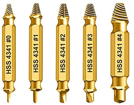 HSS 4341 Schraubenausdreher Set, 5-teilig, M3-M18, Beschädigte Schrauben Entferner, Linksdreher mit Sechskant-Schaft, für Akkuschrauber und Bohrmaschinen, Titannitrid-beschichtet, Goldfarben