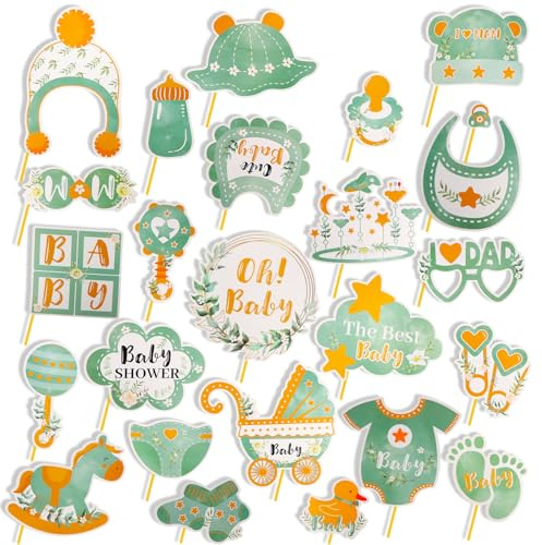 MOTIBACK Baby Shower Fotobox Accessoires, 26 Stück Grüne Foto Requisiten mit Holzstäbchen, Wiederverwendbare Party Deko für Babyparty, Geburtstag & Fotobooth