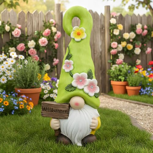 Solar LED Wichtel Willkommen Gartenzwerg 41 cm hoch, Outdoor Gartendeko | Garten Deko-Figur wetterfest für Draußen, Balkon & Terrasse, Gartenwichtel, Gartenfigur