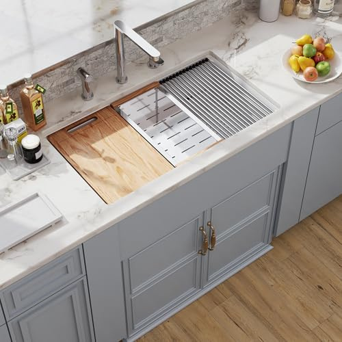Hugsleek - Estación de trabajo para fregadero de cocina de montaje superior y bajo encimera, 33 x 19 pulgadas, fregadero de arcilla refractaria de cerámica de porcelana blanca, accesorios de repisa de