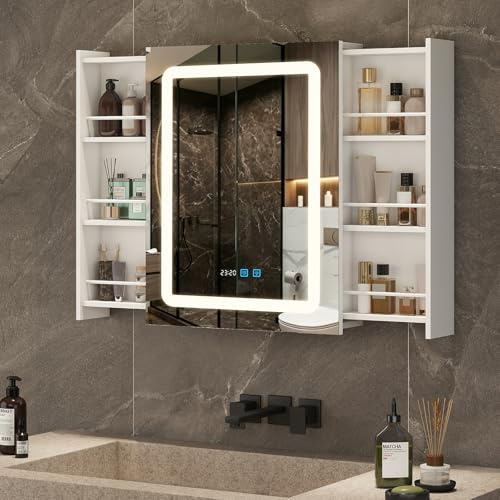 YU YUSING Spiegelschrank Bad mit LED Beleuchtung 55-103x16x70cm, Weiß | Badezimmerschrank mit 2 Verschiebbare Stauräume 6 Regale, Beschlagfrei, 3 Farben Dimmbar, Hängeschrank