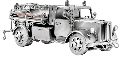 STEEMO Metallkunst Deko-LKW Feuerwehr Oldtimer, Inspiriert von Opel Blitz Tankwagen Löschfahrzeug - Bürodeko, Stahl, Grau, 40x15x14 cm - Echte Handarbeit, Exklusives Sammlerstück