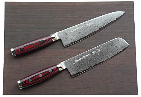 Damastmesser-SET Yaxell SUPER GOU 161 - Kochmesser+Nakiri-Gemüsemesser - Schnittkern aus Pulverstahl 63HRC + Schneidbrett aus Wenge Kernholz