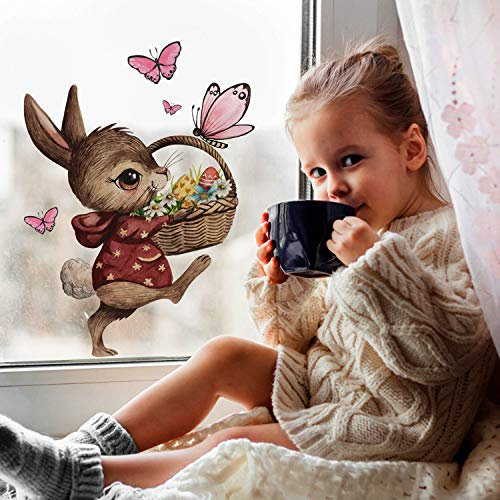 Fensterbilder Fensterbild Fuchs Reh & Hasen mit Pusteblume Osterkorb Ostern wiederverwendbar Fensterdeko bf22 - ausgewählte Farbe: *bunt* ausgewählte Größe: *4. Hase mit Osterkorb*