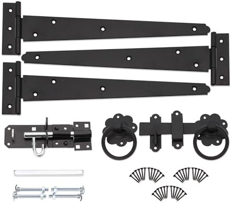 Infinity Decor 12” Tee Hinges (3) Garden Gate kit Plain Ring Latch and Brenton Bolt Wooden Gate Fittings Kit Epoxy Black Finish for Outdoors Doors