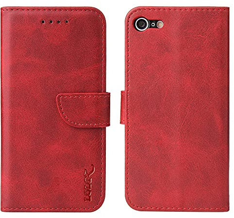 LOLFZ Wallet Case for iPhone 7/8/SE 2020/SE 2022 - Vintage Leather Book Case with Card Holder Kickstand Magnetic Closure Flip Case Cover - Red
