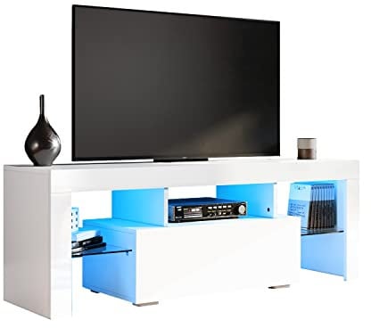 SONNI TV-Schrank, Weiß Hochglanz, mit LED-Beleuchtung, 12 Farben wählbar, mit Flügeltür, griffloses Design, Fernsehtisch, TV-Regal, Lowboard Hochglanz, 130x35 x45cm, Weiß, GTV005W-WHITE