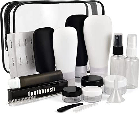 FusionFinity Travel Bottles for Toiletries – 18pcs Travel Bottle Set with Clear Travel Toiletries Bag – Practical and Compact Airplane Travel Accessories Made of Silicone – Reusable and Versatile