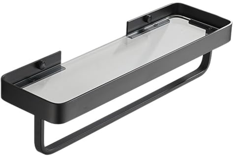 Halyuhn Badezimmer-Glasregal, 39,9 cm, schwarz, Wandregal mit | Duschregal mit gehärtetem Glas, rechteckiges Badezimmer-Glas-Wandregal für Duschorganisation und Aufbewahrung (1 Ebene)
