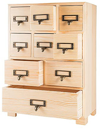 PACKGILO Apothekerschrank mit 9 Schubladen und Etiketten rustikale Bibliothekskarte Katalog Schrank Schreibtisch Holz Aufbewahrungsbox für die Organisation von Kräutern, Teebeutel, Schmuck (Holz)