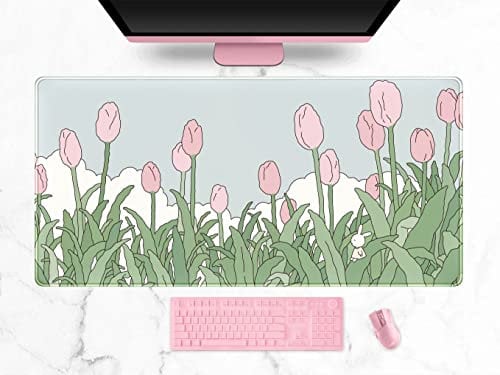 Sous-main de bureau avec motif de tulipes à effet aquarelle, tapis XXL pour souris de jeu et clavier sans fil, style kawaii, couverture complète, bords cousus, 80 x 40 cm, vert et rose