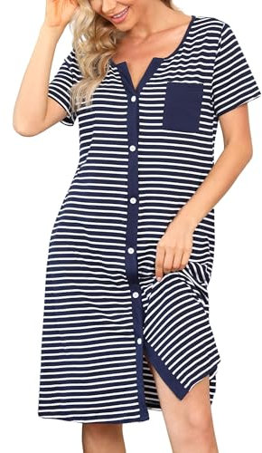 Marvmys Camicia da Notte Donna Cotone Camicia da Notte Donna Sexy Camicia da Notte Donna Manica Corta Camicie da Notte Donna a Righe con Bottoni, Blu Marino, M