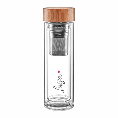 4you DESIGN Thermos-Glasflasche mit Namen bedruckt Design Letter | Doppelwandiges Glas | Geniales Geschenk mit herausnehmbares zweiteiliges Edelstahl Teesieb | 450ml Höhe 24cm