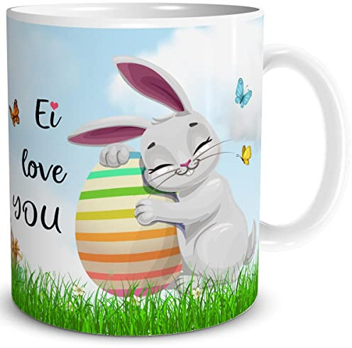 TRIOSK Tasse Hase mit Oster Ei Spruch lustig Ich liebe dich Geschenk für Frohe Ostern Ostergeschenke Männer Frauen Valentinstag verliebte Paare, Keramik 300ml