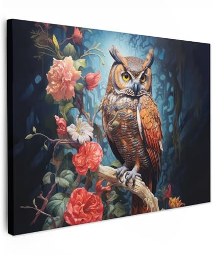 MuchoWow© Leinwand Bilder 80x60 cm Wanddeko Wohnzimmer Aesthetic Room Decor Deko Zimmer Wandbilder Modern Fotogeschenke Eule - Blumen - Vögel - Rosa