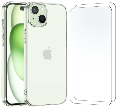 NEW'C Coque pour iPhone 15 (6.1) Haute Transparente Silicone en Gel TPU Souple et 2 × Verre trempé Film Protection écran pour iPhone 15 (6.1) - Résistance aux rayures
