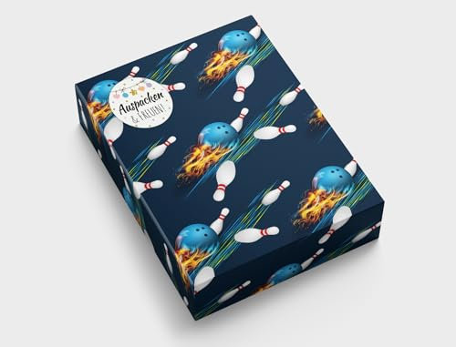 Geschenkpapier für Bowling Kegeln Geschenkverpackung für kleine Geschenke Kindergeburtstag Mitgebsel Gastgeschenke verpacken Kindermotiv (12 Bögen in DIN A3 + 12 Aufkleber + 50 Verschlusspunkte)