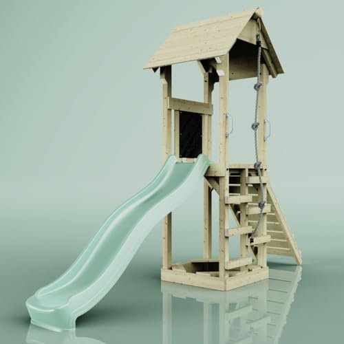 Rebo Spielturm aus Holz mit Wellenrutsche | Outdoor Klettergerüst mit Plattform und Kleterseil